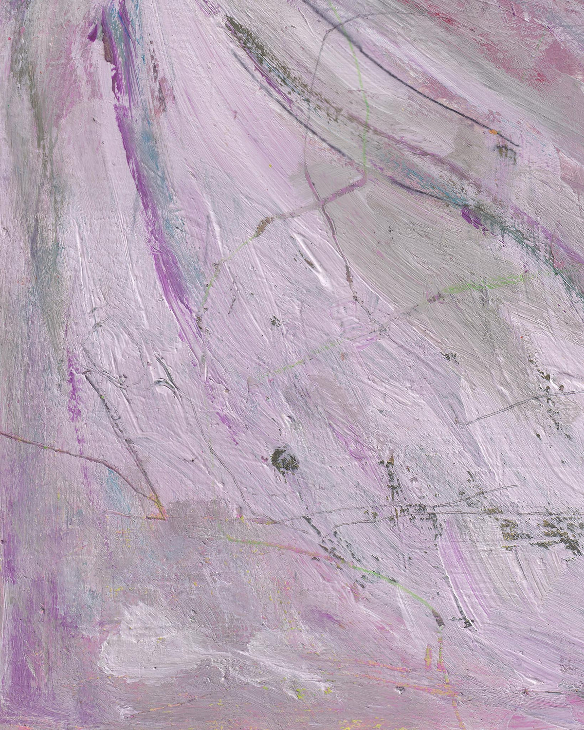 Abstract art with wavy lines in purple, green, and gray on a textured surface.