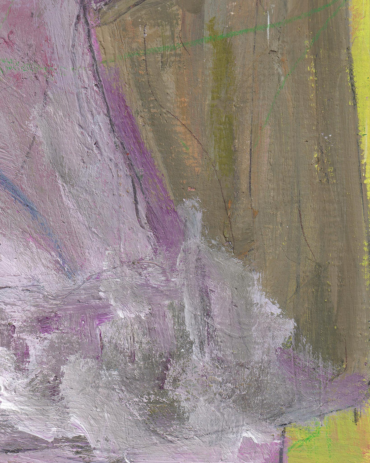 Abstract art with purple, gray, and green brush strokes