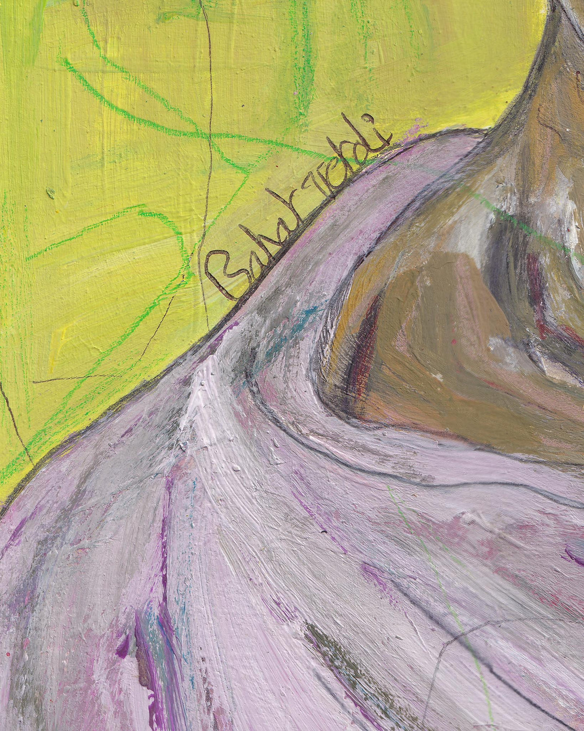 Abstract painting with wavy lines and a signature on a yellow background