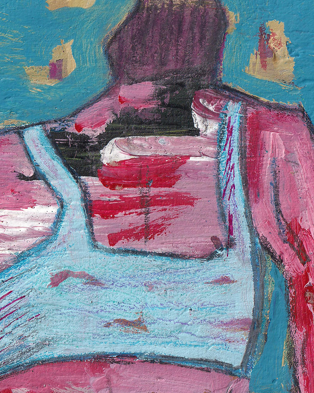 Abstract painting with pink, blue, and purple colors