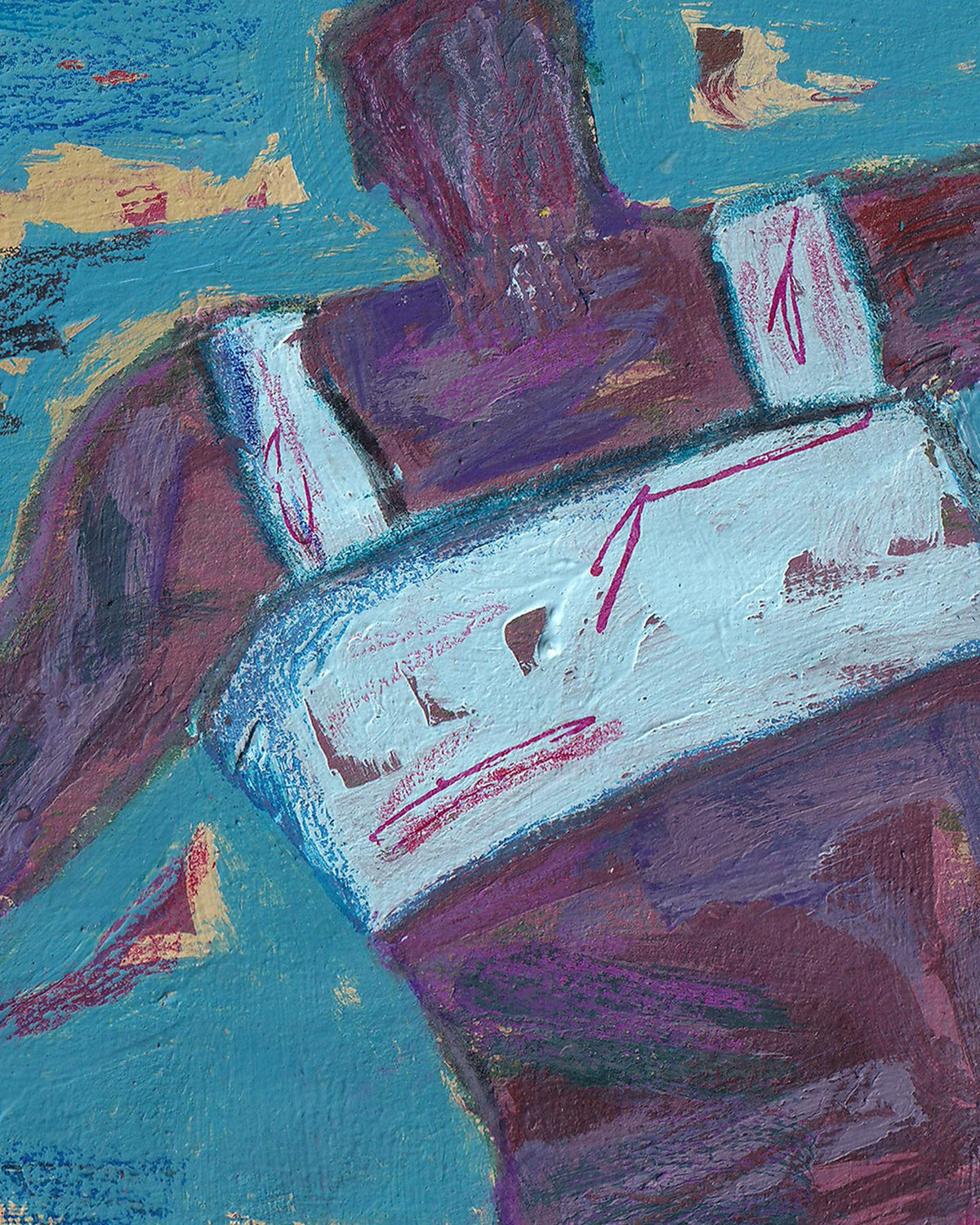 Abstract painting with purple and white shapes on a blue background