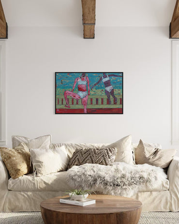 Living room with a beige sofa, wooden coffee table, and colorful abstract painting on the wall.
