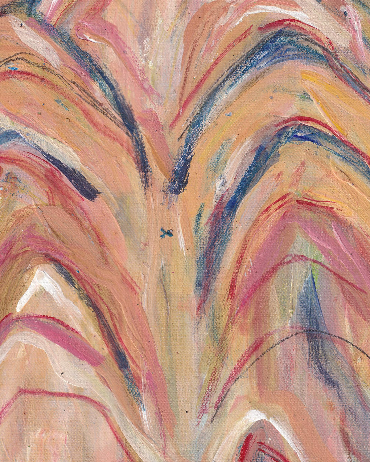 Abstract art with wavy patterns in pink, blue, and beige.