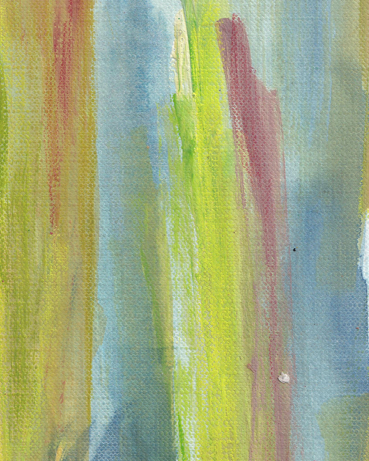 Abstract art with vertical brush strokes in green, blue, and pink on a textured background