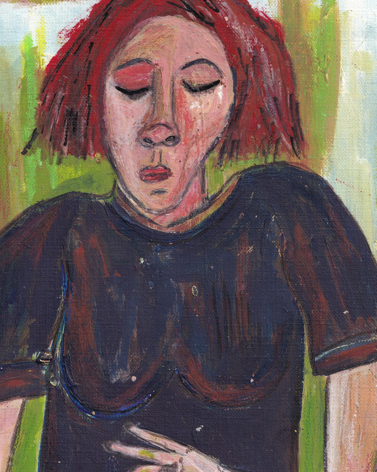 Artistic depiction of a person with red hair wearing a black top against a green background