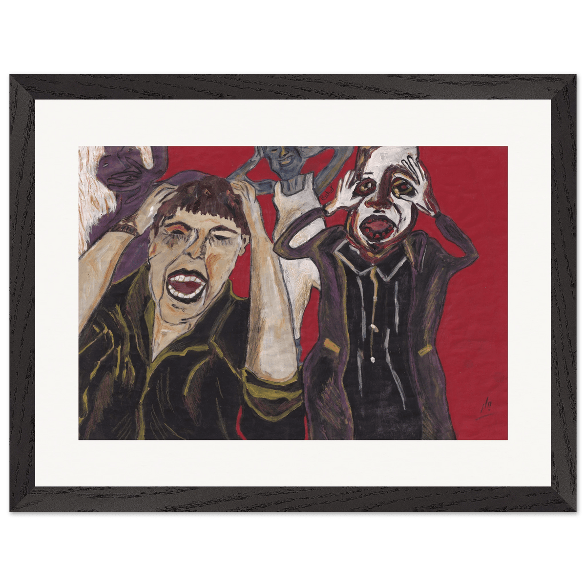 Framed artwork of two figures with a red background