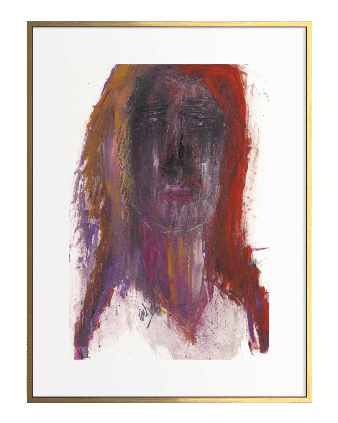 Abstract painting of a face with red and purple tones on a white background