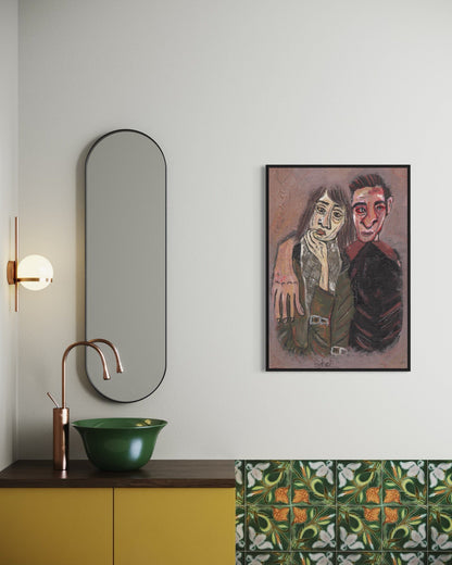 Bathroom interior with a mirror, sink, and wall art on a light gray wall.