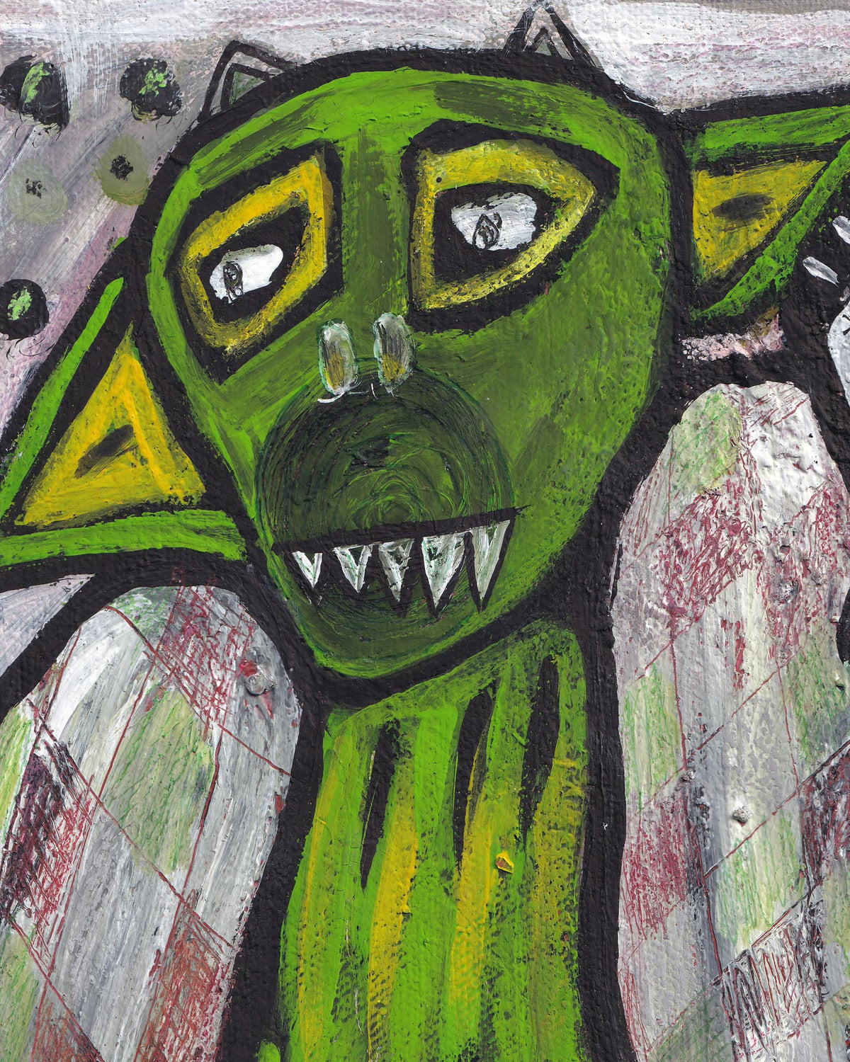 Abstract painting of a green creature with a checkered background