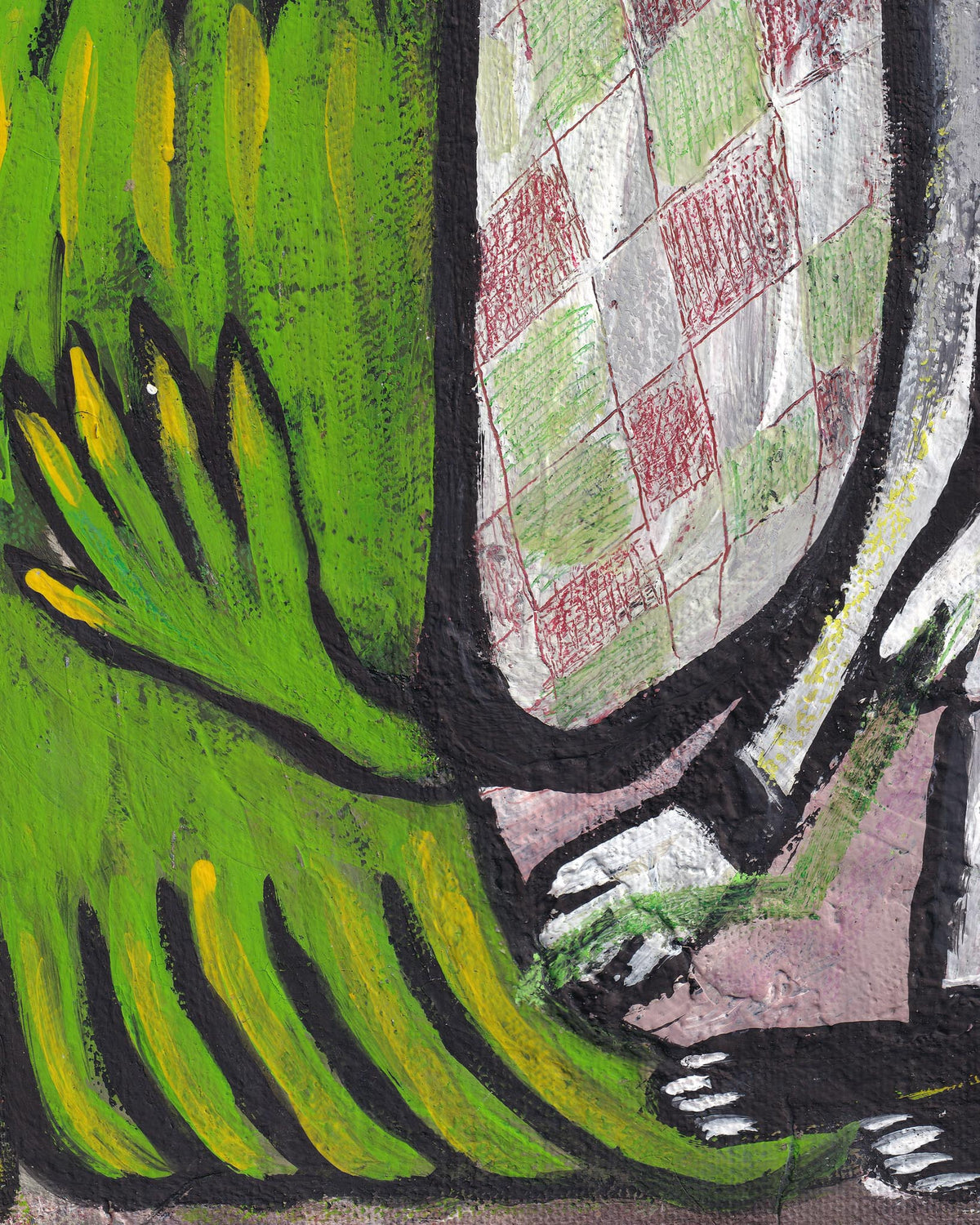 Abstract artwork with green, yellow, and black colors