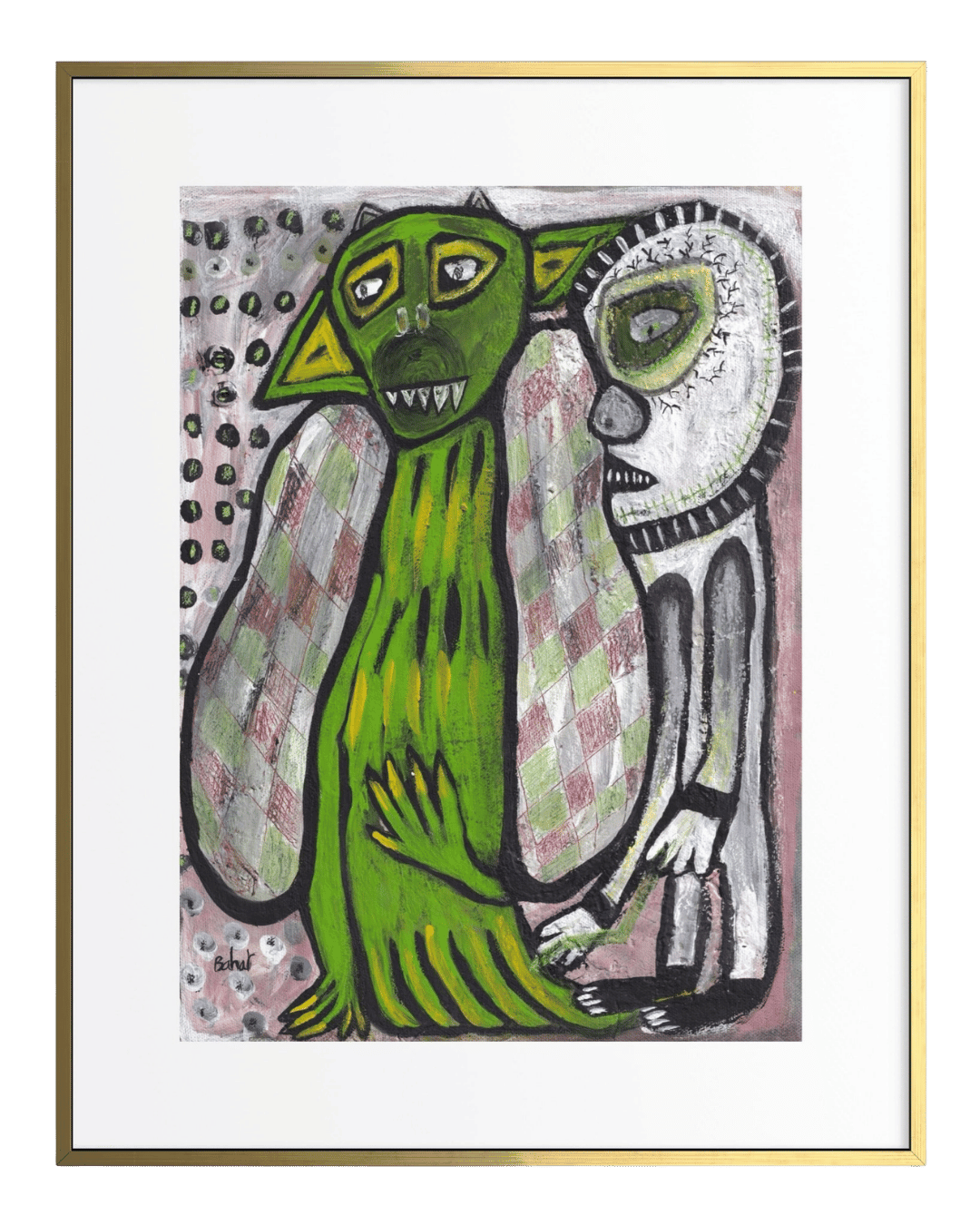 Artistic depiction of a green creature with a checkered pattern, framed in gold.