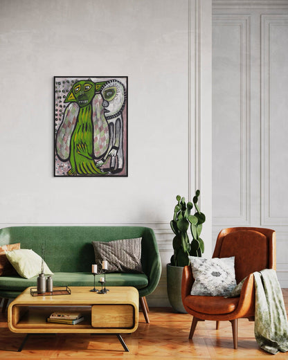 Living room with a green sofa, brown armchair, and abstract painting on the wall.