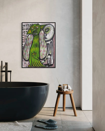 Modern bathroom with a black freestanding bathtub, wooden stool, and abstract art on the wall.