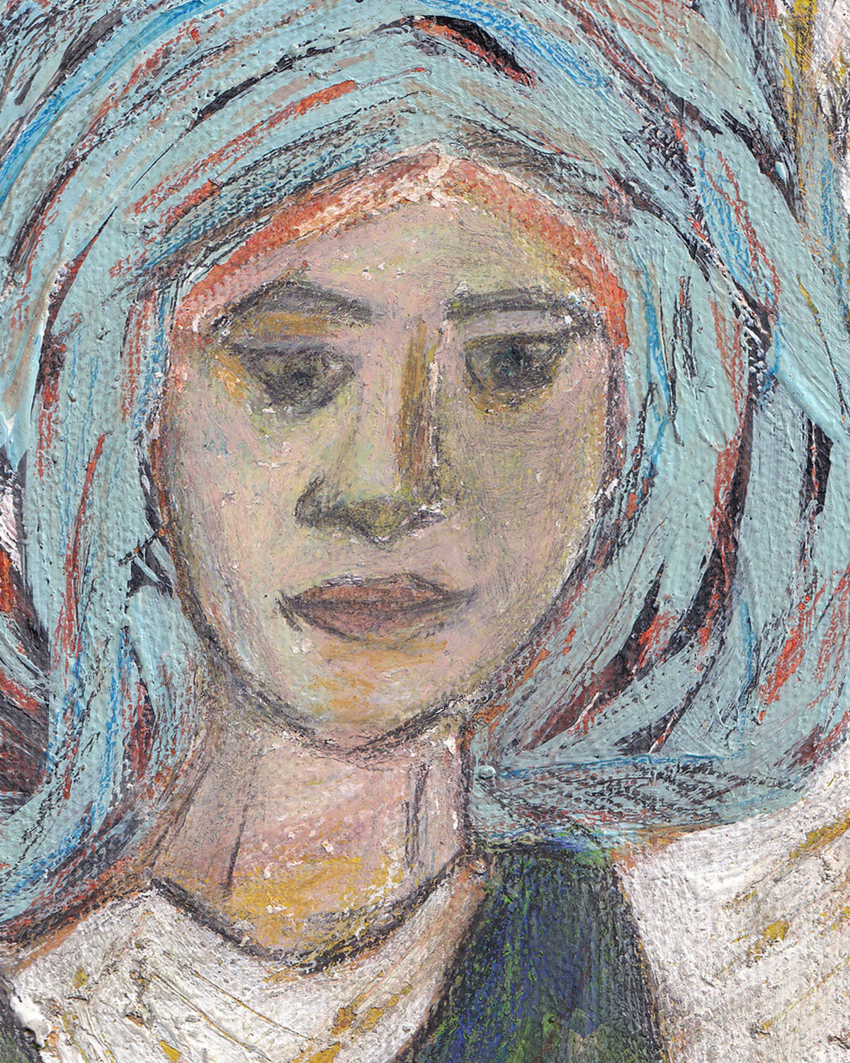 Artistic depiction of a person with a headscarf, using a textured brushstroke technique.