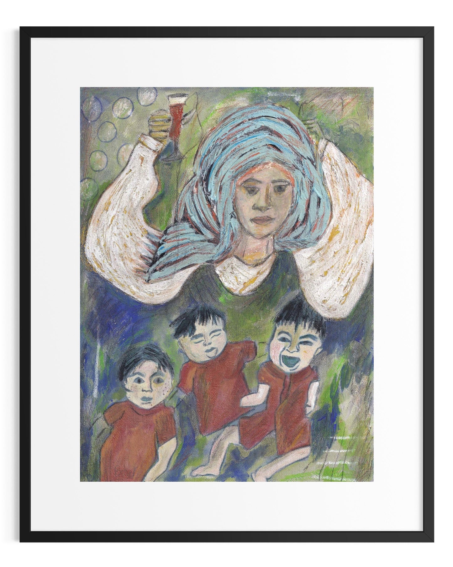 Framed artwork of a woman with blue hair and three children in red clothing.