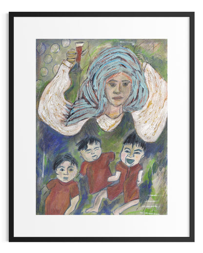 Framed artwork of a woman with blue hair and three children in red clothing.