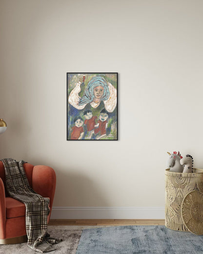Framed artwork on a wall above a red armchair with a plaid blanket.