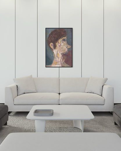 Modern living room with a gray sofa and abstract painting on the wall.