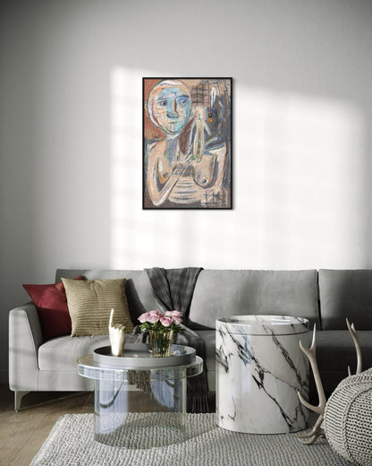 Living room with a gray sofa, coffee table, and decorative items, featuring a framed painting on the wall.