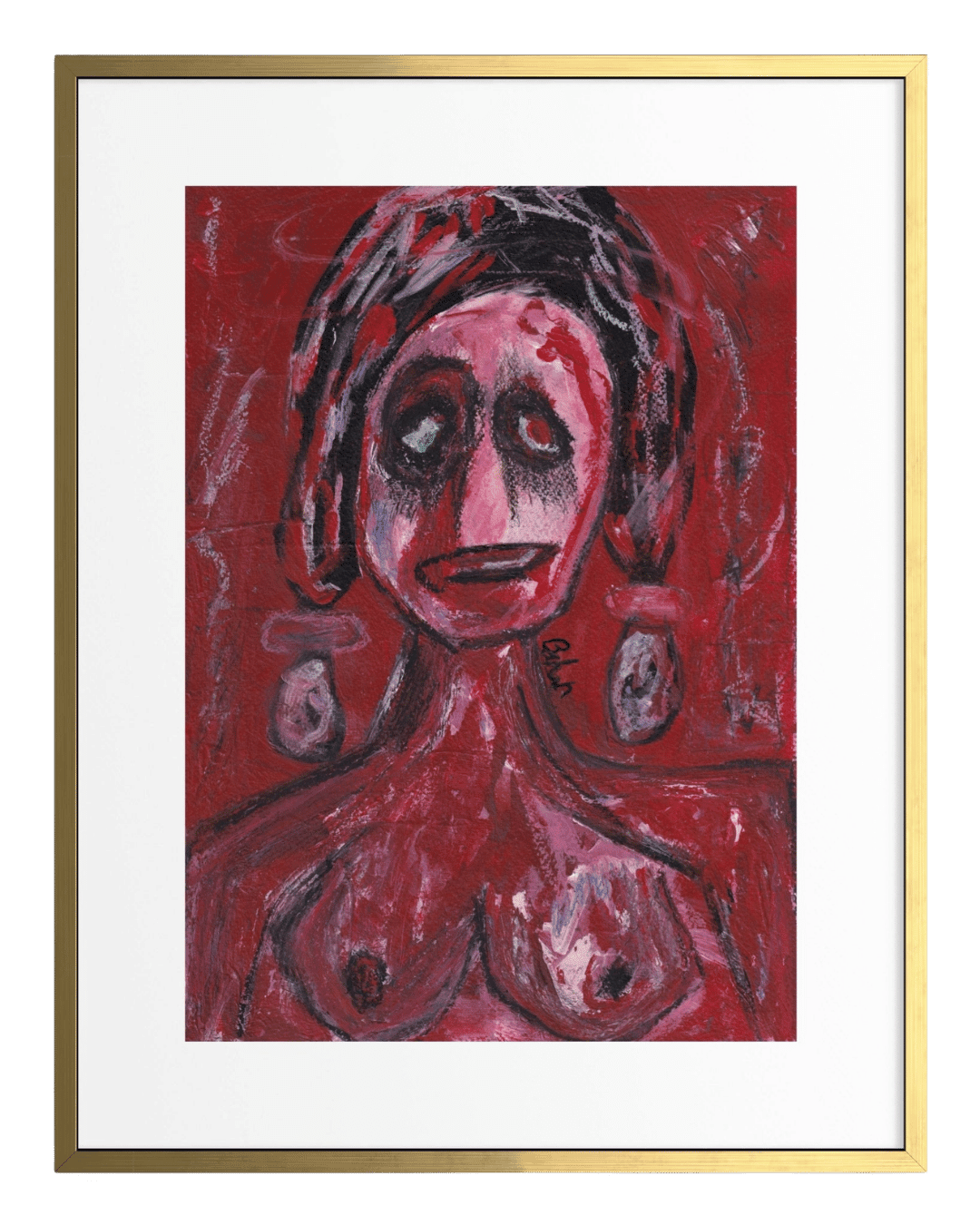 Artistic depiction of a figure with a red background, framed in gold.