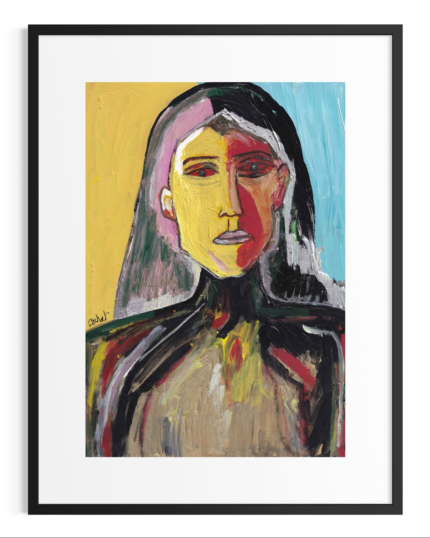 Framed abstract painting of a woman's portrait with bold colors.