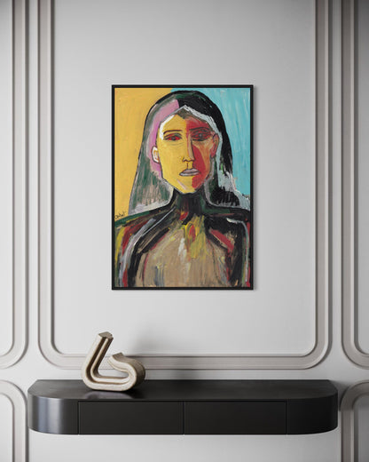 Framed abstract painting of a woman's portrait on a wall above a black console table.