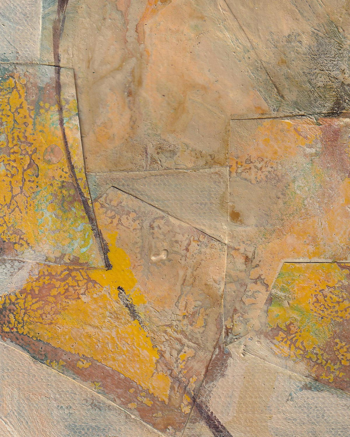 Abstract art piece with a collage of textured shapes in earthy tones.