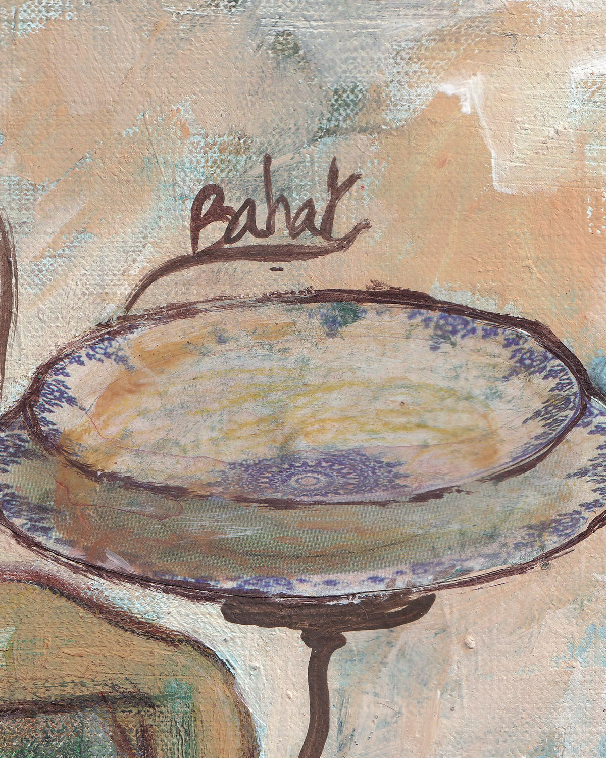 Artistic depiction of a table with a plate on a textured beige background, featuring the artist's signature.