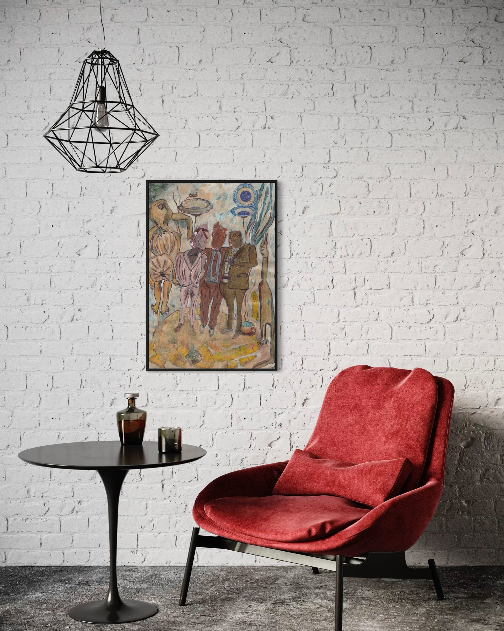 Red chair in a room with a white brick wall, a small round table, and a framed painting.