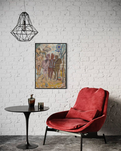 Red chair in a room with a white brick wall, a small round table, and a framed painting.