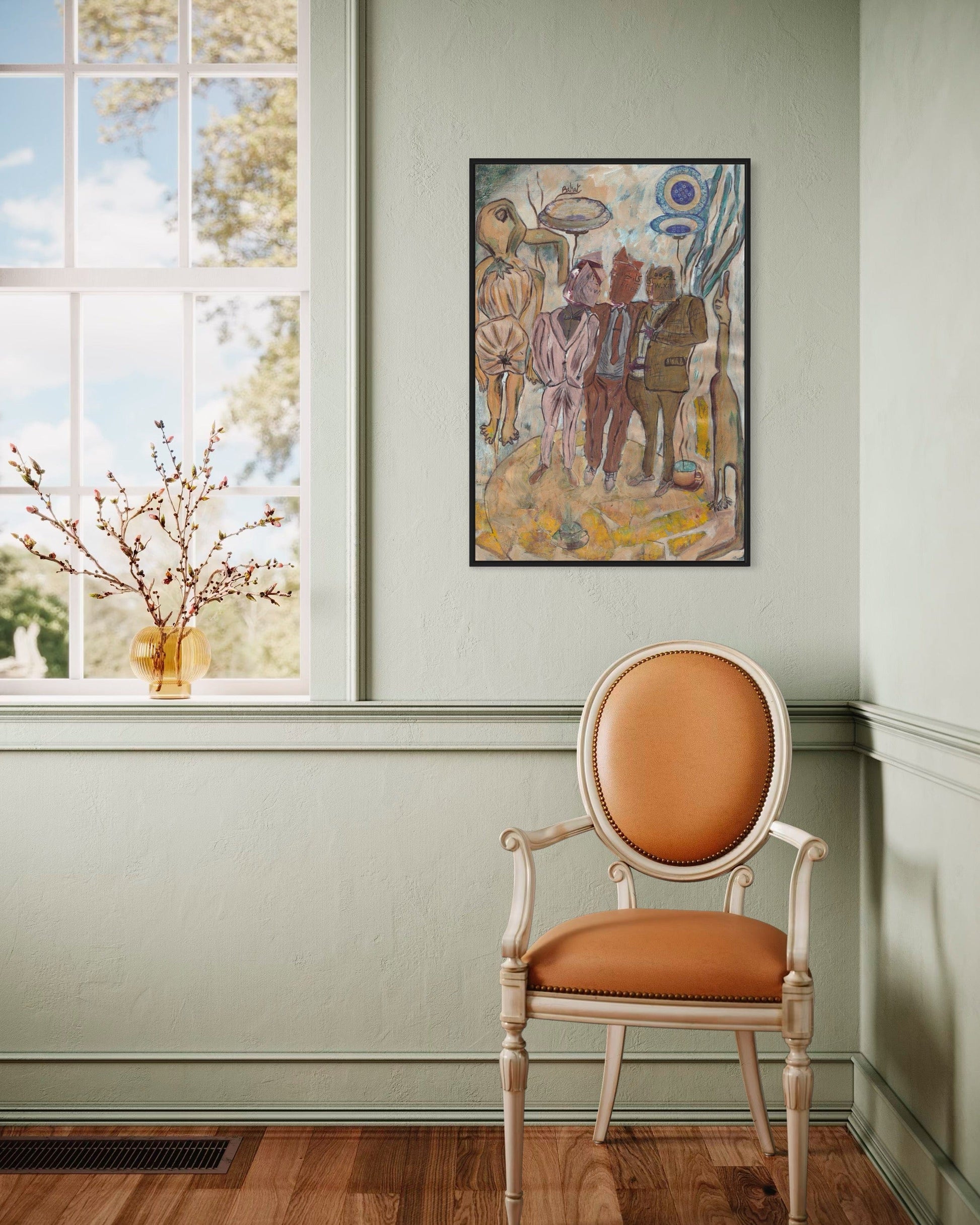Room interior with a chair, window, and colorful abstract painting on the wall.
