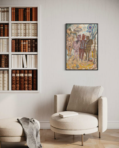 Beige armchair with a bookshelf and wall art in a room setting