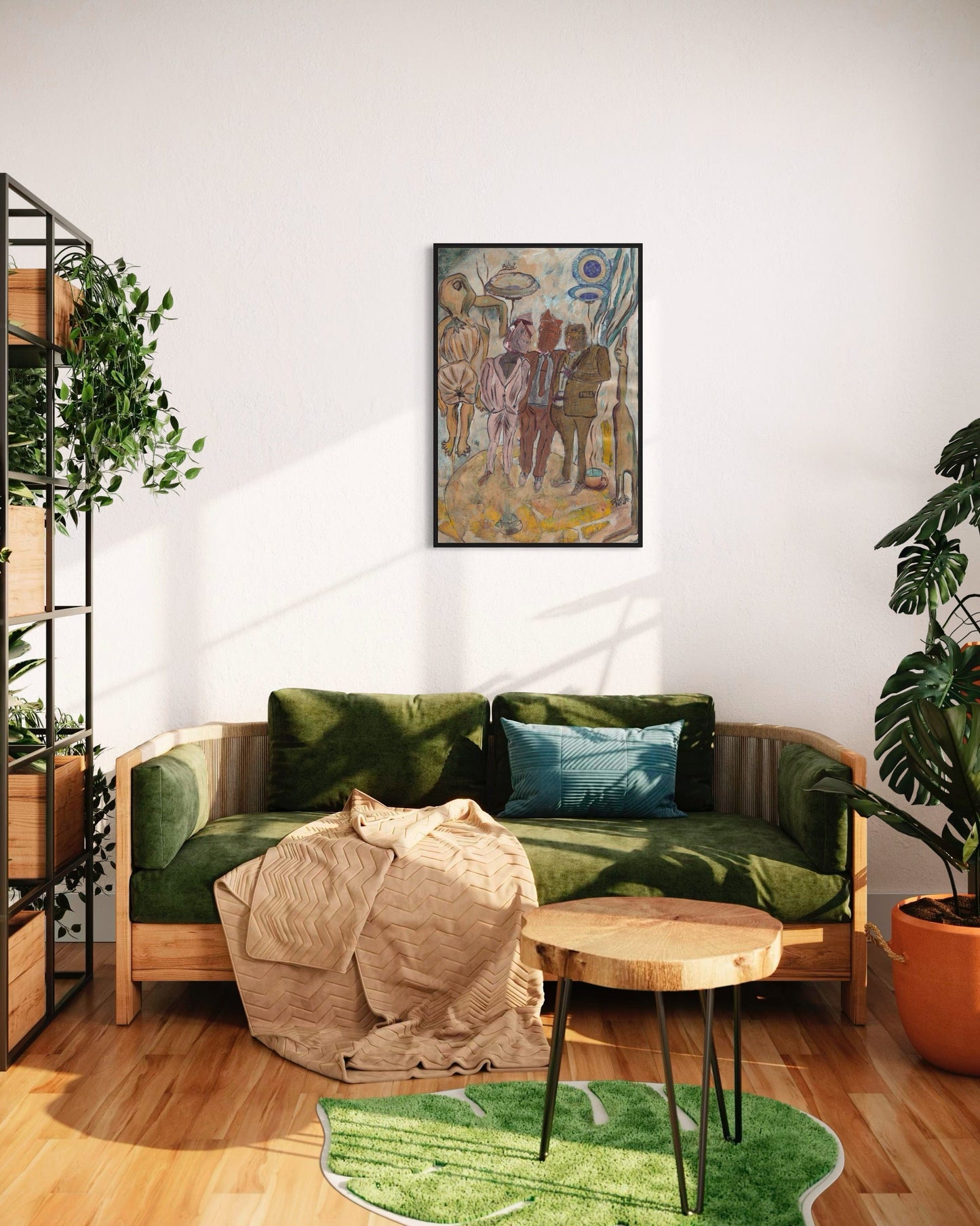 Modern living room with a green sofa, wooden coffee table, and decorative elements.