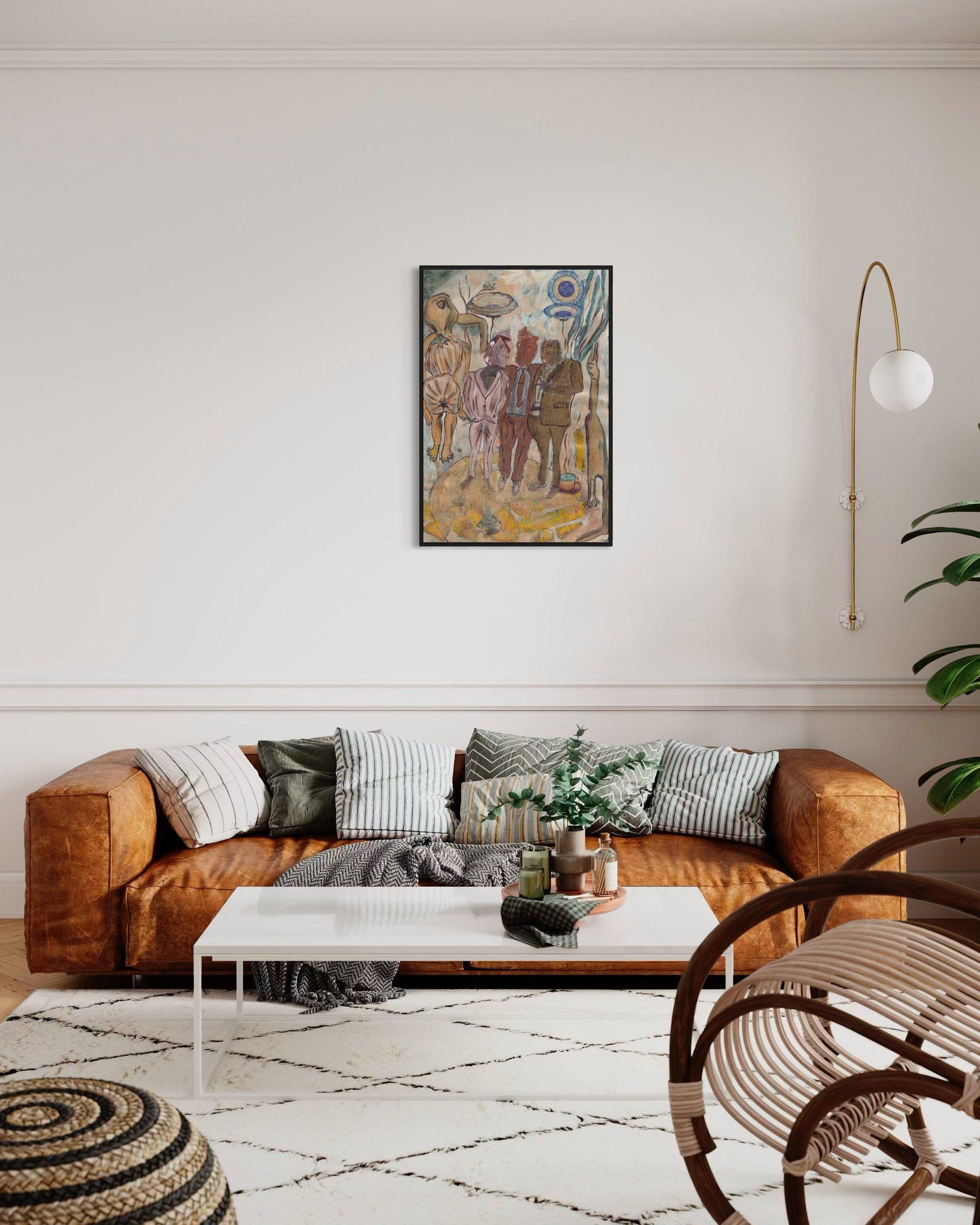 Living room with brown sofa, white coffee table, and decorative elements.