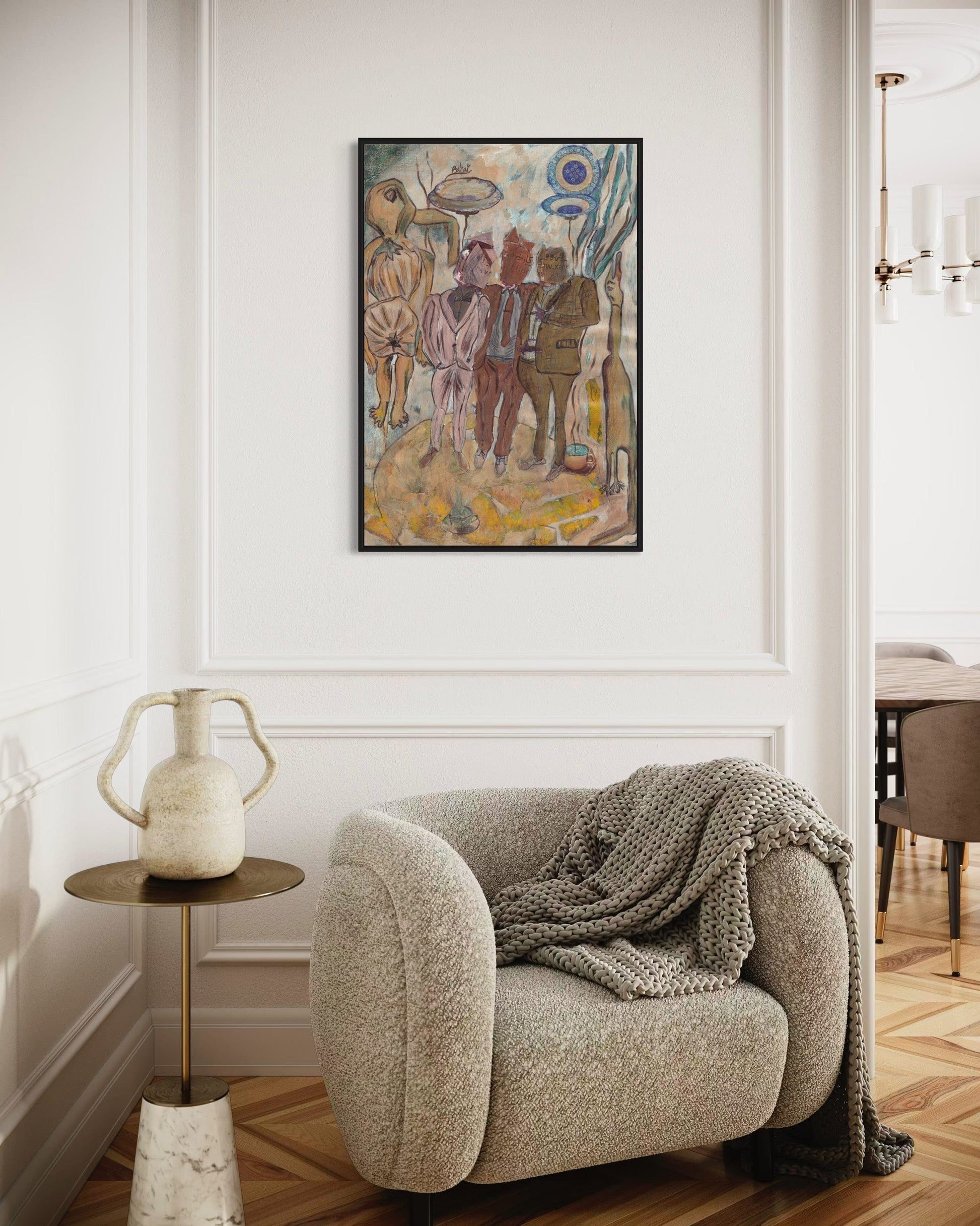 Living room with a textured armchair, side table, and abstract painting on the wall.