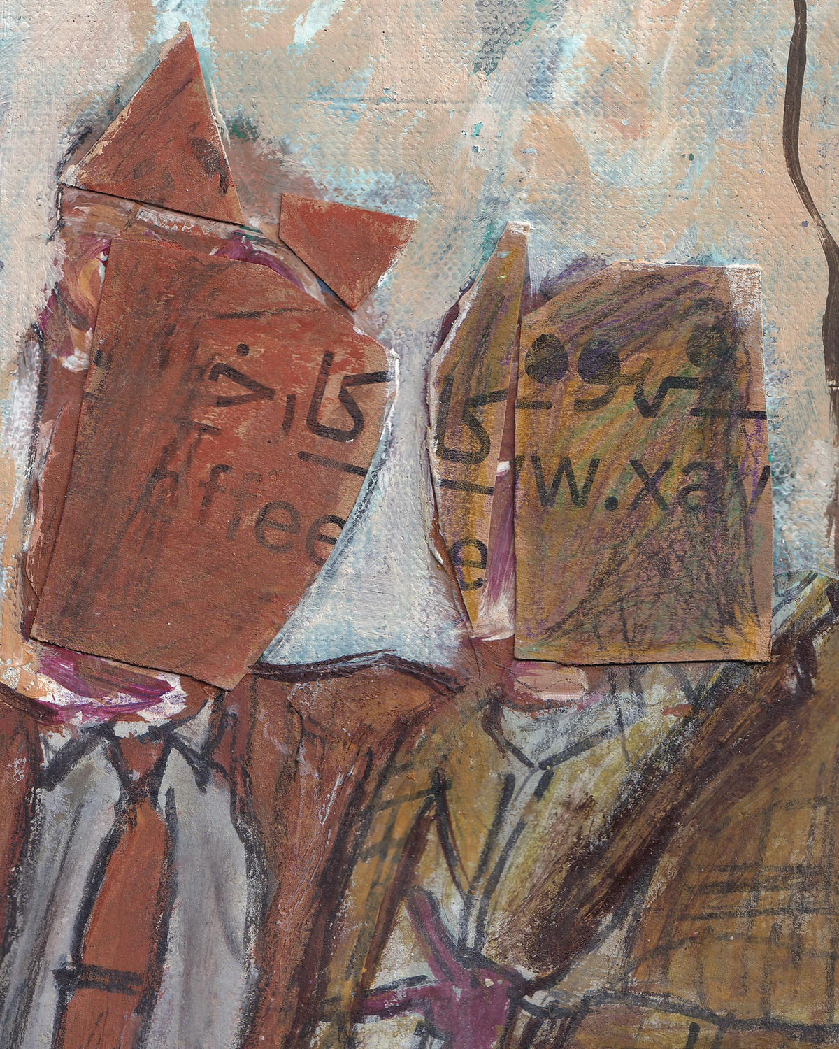 Abstract artwork with text and shapes in brown, beige, and gray tones.