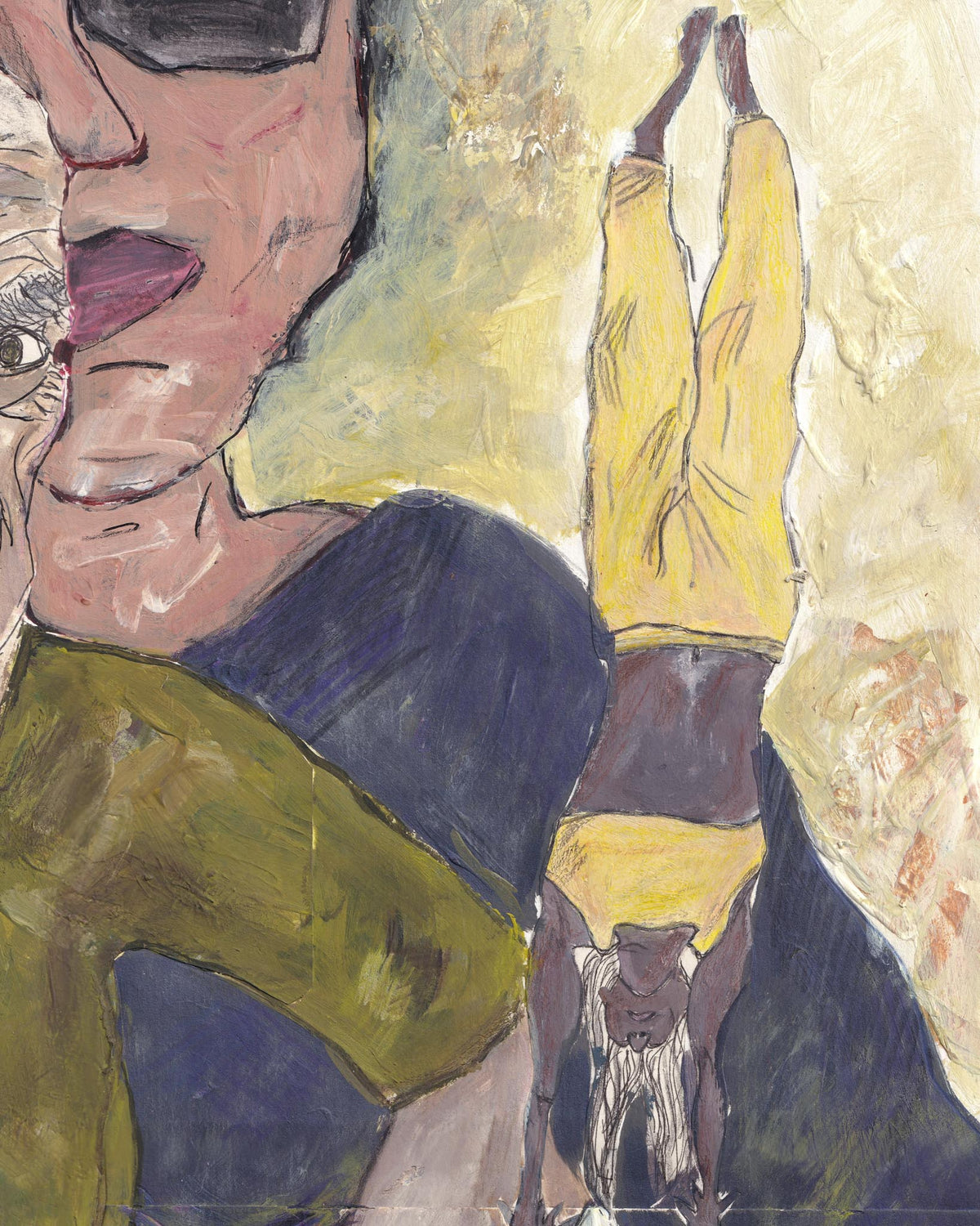 Abstract artwork with a face and a hand in a yellow glove on a textured beige background