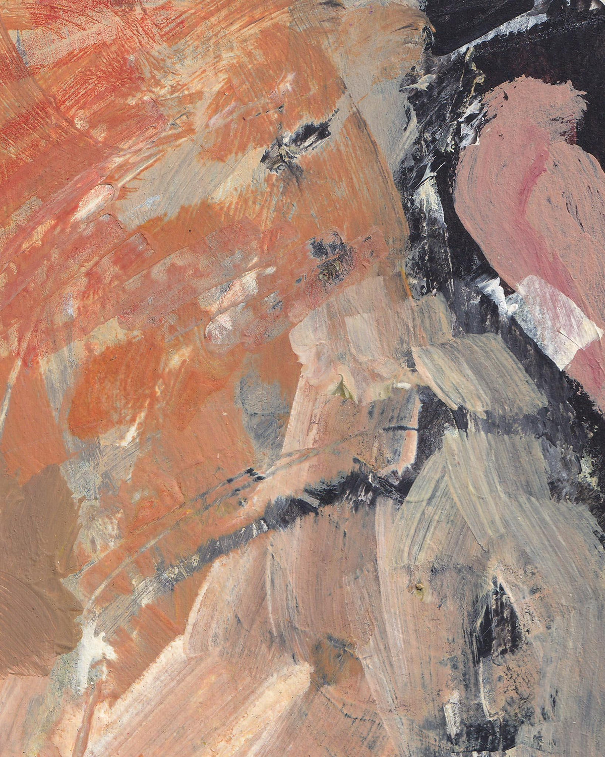 Abstract painting with a mix of orange, black, and white colors.