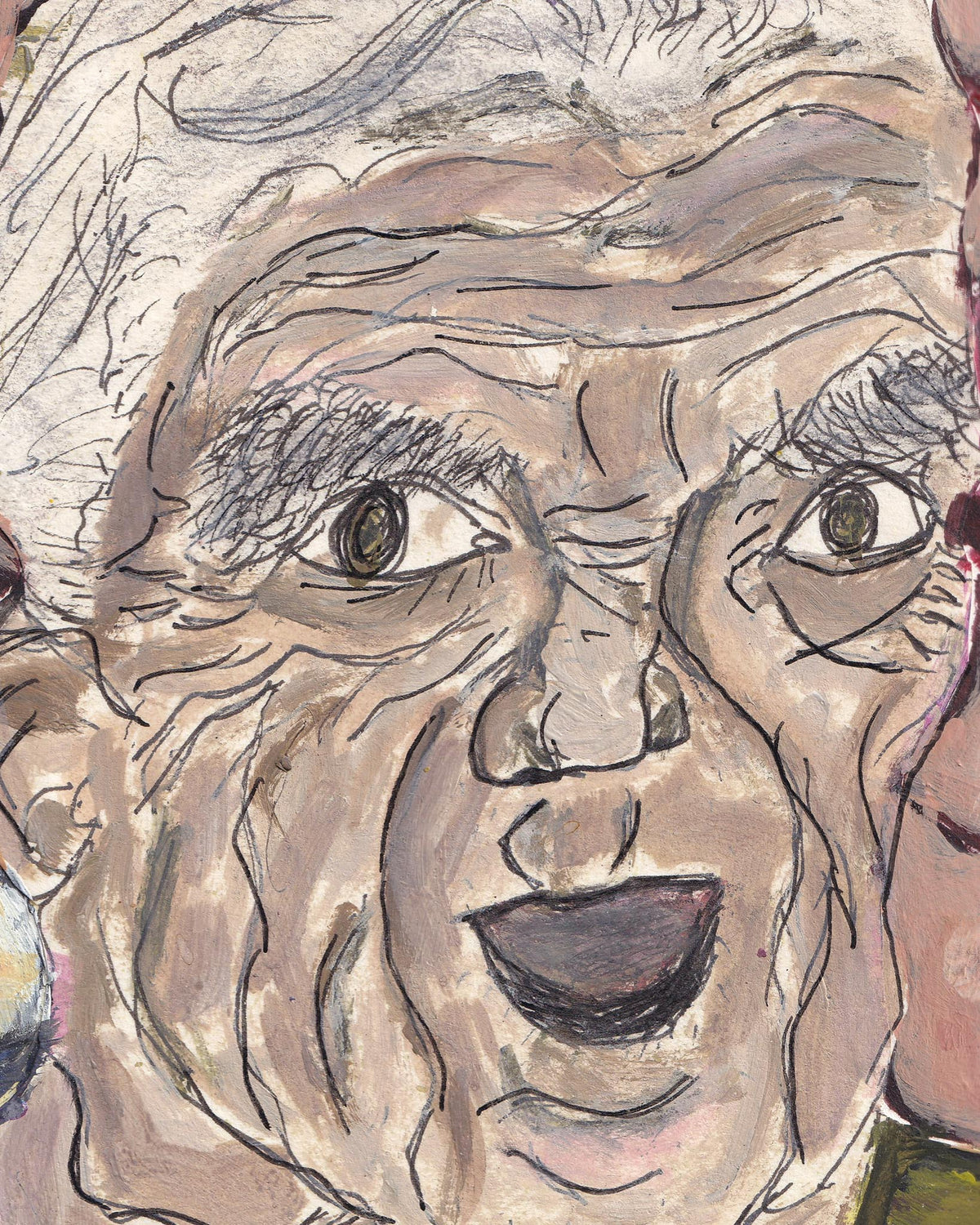 Artistic depiction of a face with expressive eyes and mouth.