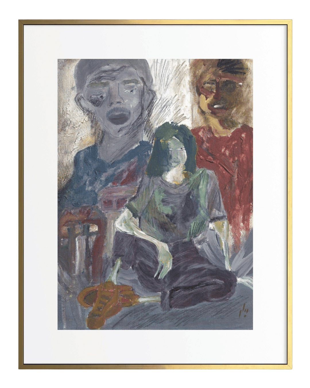 Artistic depiction of three figures in a stylized manner with a green border.
