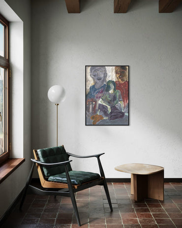 Modern interior with a chair, table, and abstract painting on a gray wall.