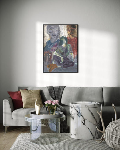 Living room with a gray sofa, coffee table, and decorative items, featuring a framed painting on the wall.