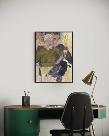 Modern office setup with a desk, chair, and framed artwork on the wall.