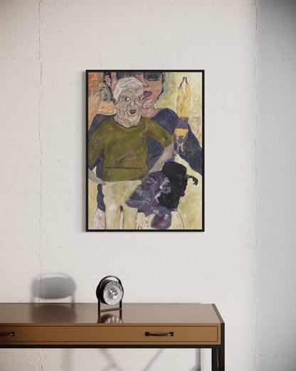Framed artwork on a wall above a wooden desk with a clock.
