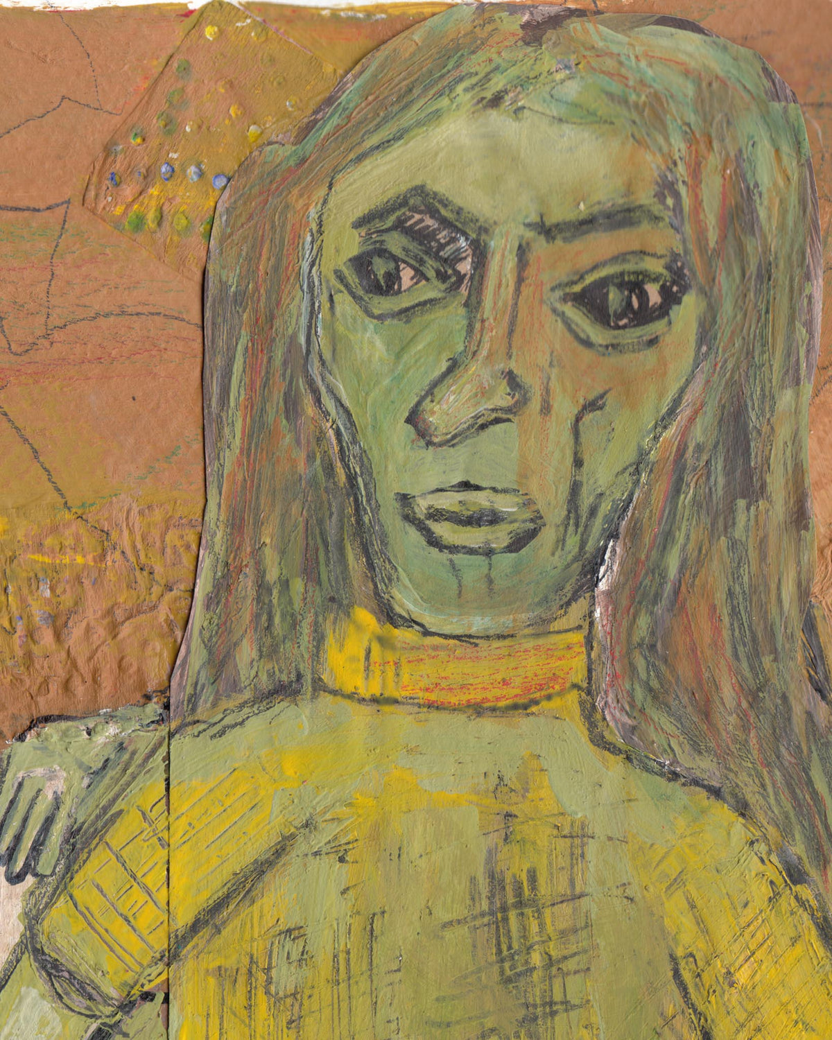 Artistic depiction of a person with long hair and a yellow garment on a textured brown background