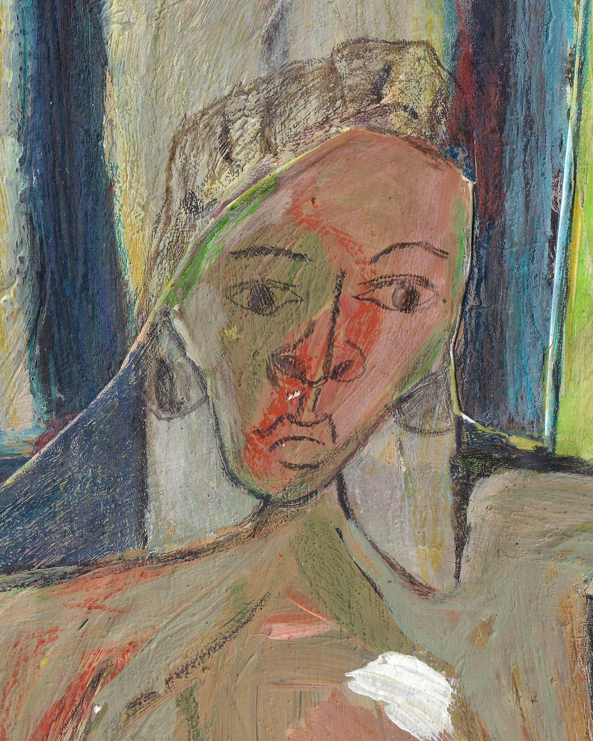 Abstract painting of a face with bold colors and textures