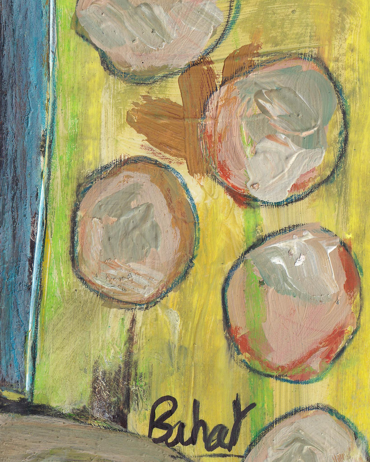 Abstract art piece with circular shapes and a signature on a yellow background