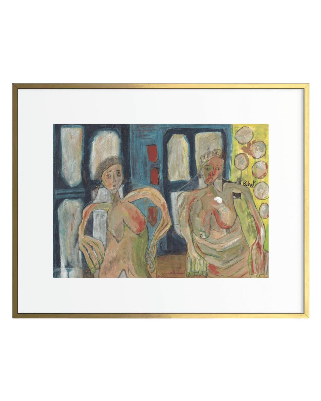 Framed artwork of two nude figures in a room with abstract elements.