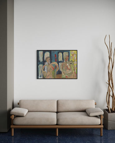 Beige sofa in a room with a colorful painting on the wall.