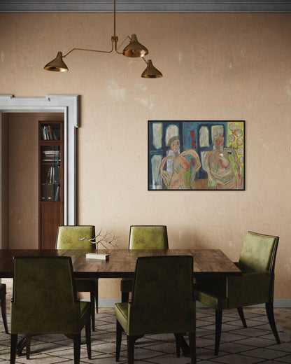 Dining room with wooden table and green chairs, framed artwork on the wall.